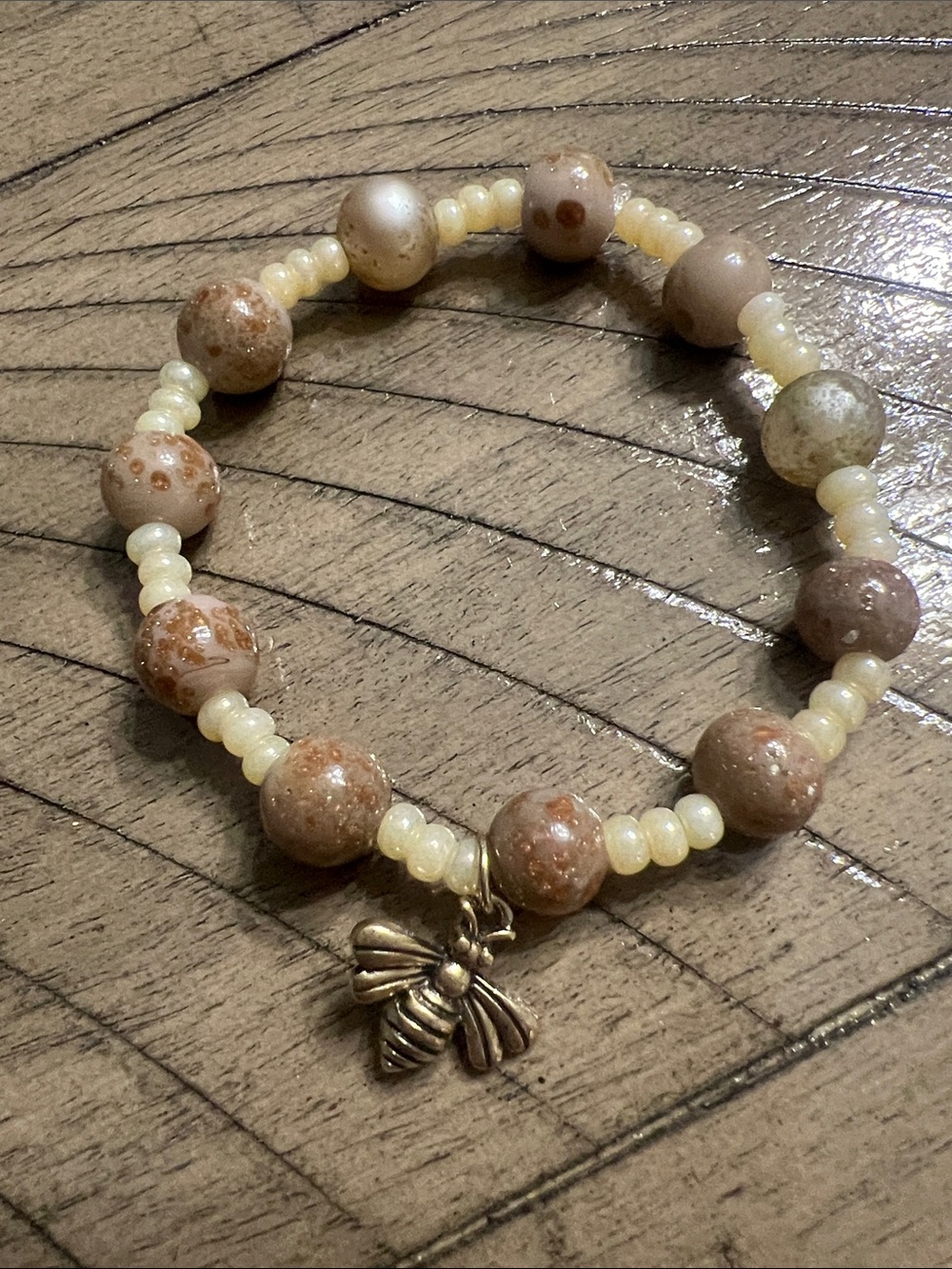 Handcrafted Cream & Brown Beaded Bracelet with Bee Charm